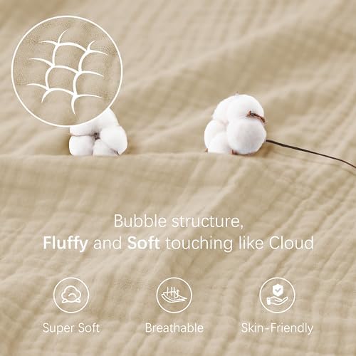Cosy Family 6 Layer Muslin Bed Blanket - Breathable and Lightweight Gauze Boho Blanket for Spring, Soft 100% Cotton Muslin Blanket, Light Tan, 80x90 Inches