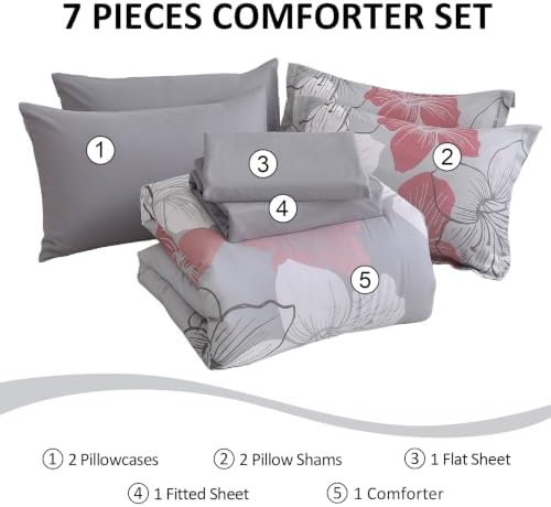 Luxudecor Grey Pink Comforter Set Queen Size, 7 Pieces Floral Bed in a Bag