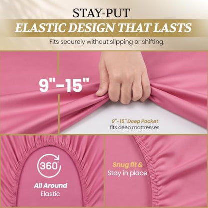 Twin XL Cotton Knit Jersey Sheet Set, 15" Deep Pocket, Pink, 3PC