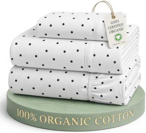 LANE LINEN 100% Organic Cotton Twin XL Sheets Set 3-Piece Pure Percale Bedsheets Bedding Breathable Fits Mattress Upto 15" Deep - Black Polka Dot
