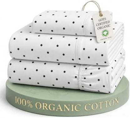 LANE LINEN 100% Organic Cotton Twin XL Sheets Set 3-Piece Pure Percale Bedsheets Bedding Breathable Fits Mattress Upto 15" Deep - Black Polka Dot