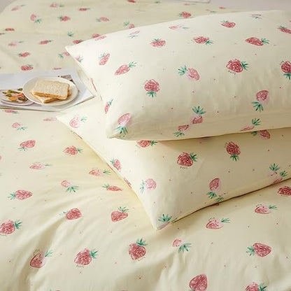 VM VOUGEMARKET Kawaii Kids Bedding Set Twin Strawberry Duvet Cover Set Cotton Fruit Comforter Cover with Zipper for Teen Girls Room Decor-Cream White