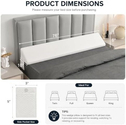 King Size Bed Wedge Pillow Gap Filler/Headboard Bed Gap Filler 10x6x76in