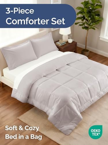 Queen Comforter Set - Light Grey Bedding for All Seasons - 3 Piece Bed Set