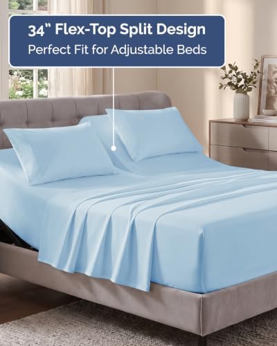 Flex Top Split Head King Sheet Set - 4 Piece Extra Deep Sheets - Sky Blue