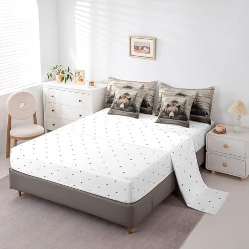 Erosebridal 7 Pcs Grizzly Bear Bedding Set Twin Hunting Bear Comforter Set for Kids Boys Girls Rustic Woodland Cabin Bed in a Bag Vintage Farmhouse Animal Sheet Set with Comforter Pine Tree Decor