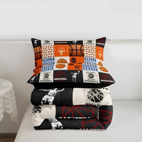 Boy Basketball Comforter Set Twin Size,Ball Sport Games Bedding Sets 2Pcs for Girls Boys Teens Room Decor,Basketball Player Silhouette Duvet Insert Modern Patchwork Plaid Down Comforter,1 Pillowcase
