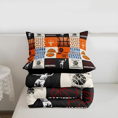 Boy Basketball Comforter Set Twin Size,Ball Sport Games Bedding Sets 2Pcs for Girls Boys Teens Room Decor,Basketball Player Silhouette Duvet Insert Modern Patchwork Plaid Down Comforter,1 Pillowcase