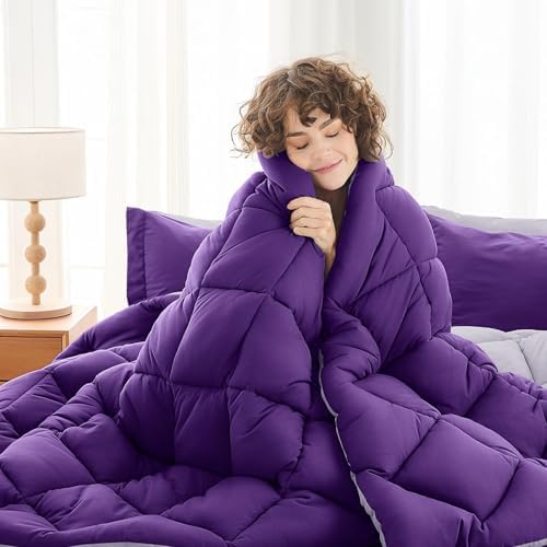 MUXHOMO 7 Pieces King Comforter Set, Reversible Bed in a Bag King Size, All Season Bedding Set with Comforter, Flat Sheet, Fitted Sheet, Pillowcases & Shams, Purple & Lavender