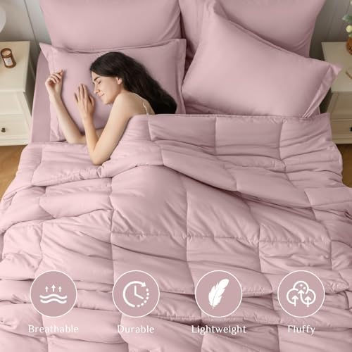 JOLLYVOGUE King Comforter Set, Ultra-Soft Bed in a Bag King Size 7 Pieces, Oeko-TEX Certified Bedding Set with Down Alternative Comforter, Sheets, Pillowcases & Shams, Camio Pink