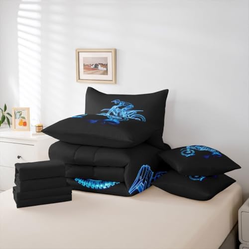 Feelyou Blue Motocross Comforter Set with Sheets 7 Piece King Size Dirt Bike Bedding Set for Kids Boys Girls Neon Rider Bed in a Bag Off-Road Racing Room Decor Motorcycle Art Soft Lightweight