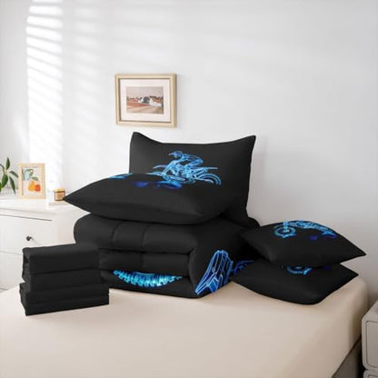 Feelyou Blue Motocross Comforter Set with Sheets 7 Piece King Size Dirt Bike Bedding Set for Kids Boys Girls Neon Rider Bed in a Bag Off-Road Racing Room Decor Motorcycle Art Soft Lightweight