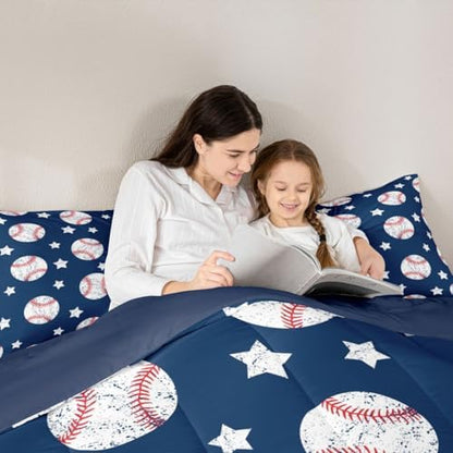 Castle Fairy Baseball Comforter Set Full,Vintage White Graffiti Star Bedding Set 3pcs for Kids Boys Teens Room Decor,Ball Sports Games Duvet Insert Navy Blue Quilted Duvet with 2 Pillowcases