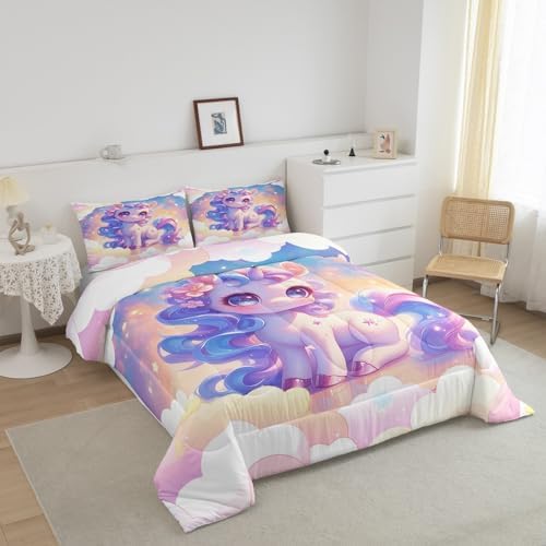 Castle Fairy Unicorn Girls Comforter Set Twin,Kids Cartoon Cute Reversible Quilt Sets Girly Girls Boys Rainbow Unicorn Bedding Set Kawaii Animal Pattern Duvet Insert with 1 Pillowcase Pink Purple