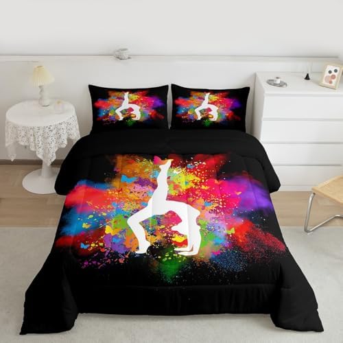 Gymnastics Dance Comforter Set Twin Size,Rainbow Watercolor Tie Dye Bedding Set for Girls Kids Woman Room Decor,Cheerleading Bedspread Yoga Lover Down Comforter 2pcs with 1 Pillowcase,Black