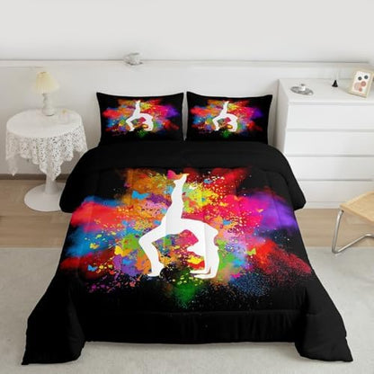Gymnastics Dance Comforter Set Twin Size,Rainbow Watercolor Tie Dye Bedding Set for Girls Kids Woman Room Decor,Cheerleading Bedspread Yoga Lover Down Comforter 2pcs with 1 Pillowcase,Black