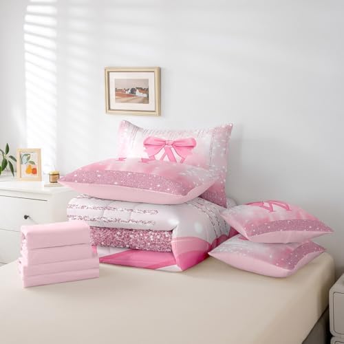 Feelyou Boys Girls Pink Bowknot Comforter Set with Sheets Queen Size