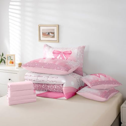 Feelyou Boys Girls Pink Bowknot Comforter Set with Sheets Queen Size