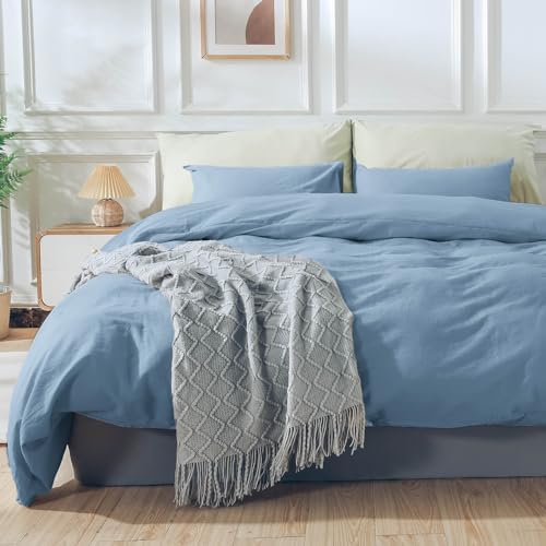 NEXHOME PRO Duvet Cover Set Queen Size Linen Look Textured Organic Natural 100% Washed Cotton Duvet Cover Blue 3 Pieces Bedding Set with Zipper Closure and Corner Ties, Breathable (No Comforter)