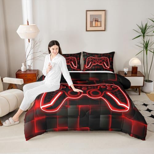 Feelyou Kids Gamer Comforter Set Twin Size Red Black Bedding Set Boys Teens