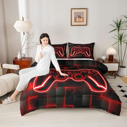 Feelyou Kids Gamer Comforter Set Twin Size Red Black Bedding Set Boys Teens
