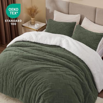 BEDELITE Fluffy Sherpa King Comforter Set,Dark Green