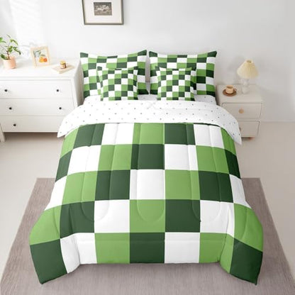 jejeloiu Green White Bedding Set 7Pcs Full Size Kids Checkered Grid Comforter Set with Sheets for Boys Girls Classic Plaid Buffalo Check Bed in a Bag Soft Lightweight,Microfiber