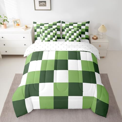 jejeloiu Green White Bedding Set 7Pcs King Size Kids Checkered Grid Comforter Set with Sheets for Boys Girls Classic Plaid Buffalo Check Bed in a Bag Soft Lightweight,Microfiber