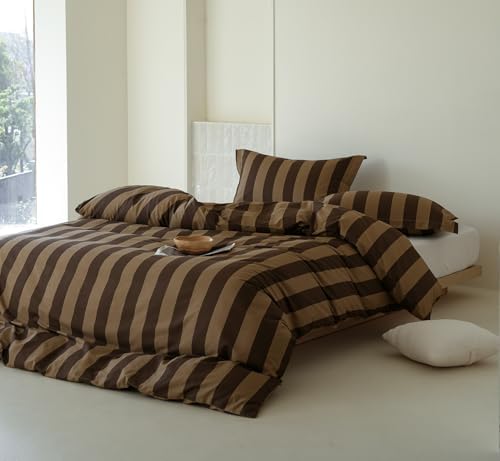 Comforter Set Queen Size - 100% Natural Cotton Brown and Beige Striped Comforter 3pcs, Hypoallergenic Soft Bedding Set