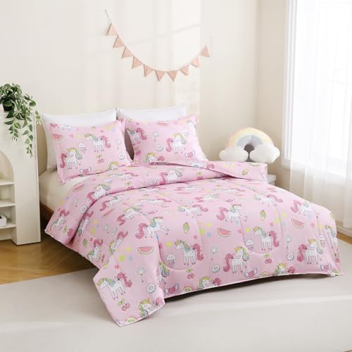 Yibeizi Pink Unicorn Bed Comforter Set for Girls Twin Size Bedding