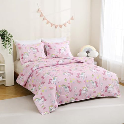Yibeizi Pink Unicorn Bed Comforter Set for Girls Twin Size Bedding