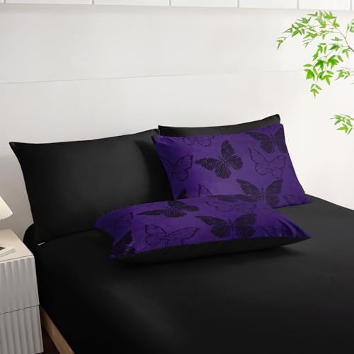 7pcs Purple Butterfly Comforter Set Black Purple Printed Bedding Set with 1 Comforter, 1 Flat Sheet, 1 Fitted Sheet and 4 Pillowcases for Boys and Girls Bedroom (Butterfly-5 Twin
