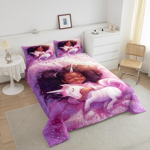 Black Cartoon Girl Comforter Set Full Size,Cute Unicorn Castle Princess Bedding Set,Girls Women Room Decor,Girls African Glitter Sequins Down Comforter,Purple Romantic Duvet Insert,2 Pillowcases