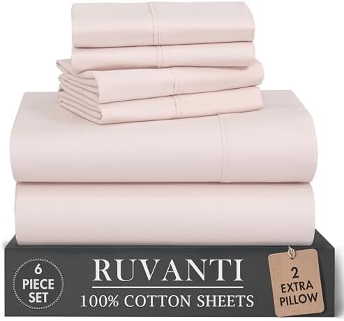 RUVANTI 100% Cotton Full Sheet Set, Percale Full Size Sheets, Soft Peach