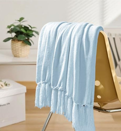 Chenille Throw Blanket for Couch 50" x 60", Light Blue