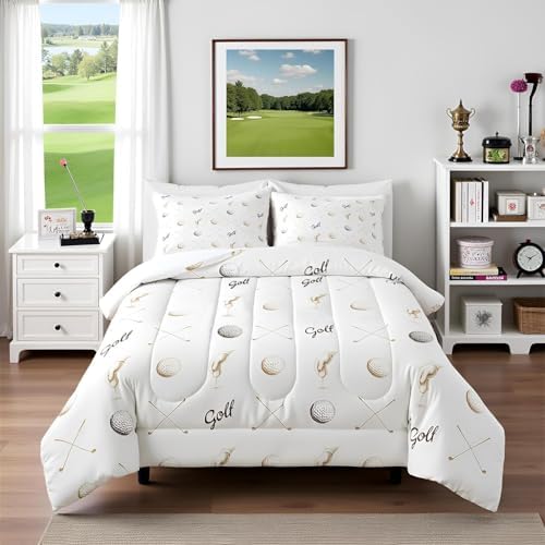 Golf Comforter Set Twin Size for Kids Teens Adults Men Home Room Decor,Ball Sports Game Lovers Bedding Set 2pcs,Gray Brown Sketch Golf Quilt Set Seasons Soft Duvet Insert with 1 Pillowcase