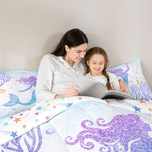 Castle Fairy Mermaid Comforter Set King Size Rainbow Watercolor Glitter Bedding Set for Kids Girls Women Teens Room Decor, Mermaid Fish Scale Quilt Set Ocean Coral Shell Duvet Insert 3pcs