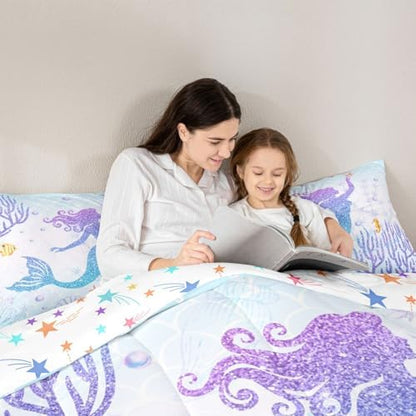 Castle Fairy Mermaid Comforter Set King Size Rainbow Watercolor Glitter Bedding Set for Kids Girls Women Teens Room Decor, Mermaid Fish Scale Quilt Set Ocean Coral Shell Duvet Insert 3pcs