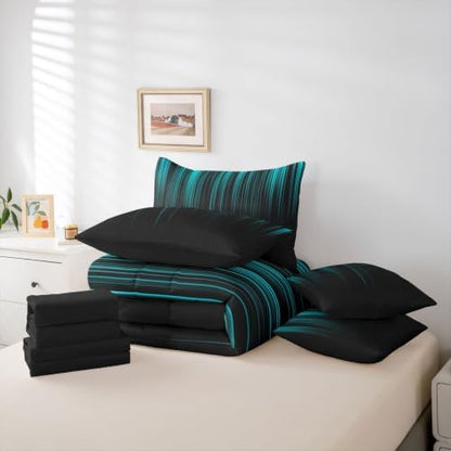 Feelyou Neon Teal Black Comforter Set with Sheets 7 Piece Twin Size Geometric Bedding Set for Kids Boys Girls Ombre Bed in a Bag Room Decor Soft Lightweight Microfiber