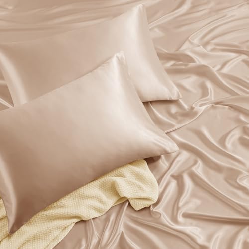 SiinvdaBZX 5-Piece Beige Satin Sheets Split King Size Set