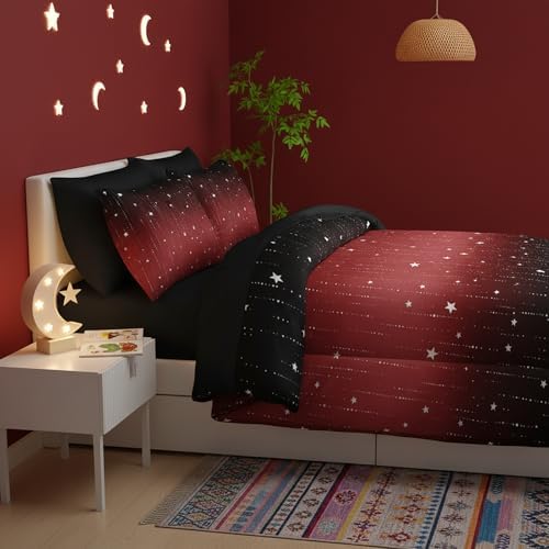 QOOMO Red Galaxy 7 Pieces Comforter Set Queen,Starry Sky Bedding Set