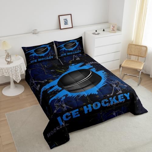 Manfei Ice Hockey Kids Comforter Set King Size, Sports Gaming Theme Blue Quilt Set with 2 Pillowcases, Hockey Player Bedding Set 3pcs for Boys Girls Bedroom Decor Lightweight Duvet Insert
