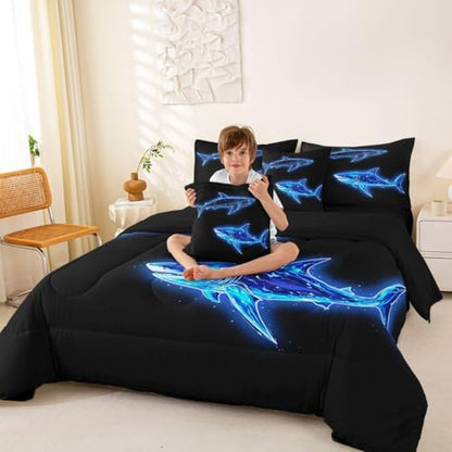 Feelyou Blue Neon Shark Comforter Set with Sheets 7 Piece Full Ocean Design Bed in a Bag Kids Boys Girls Line Art Shark Bedding Set Deep Sea Creature Print Bedroom Decor Marine Soft Lightweight