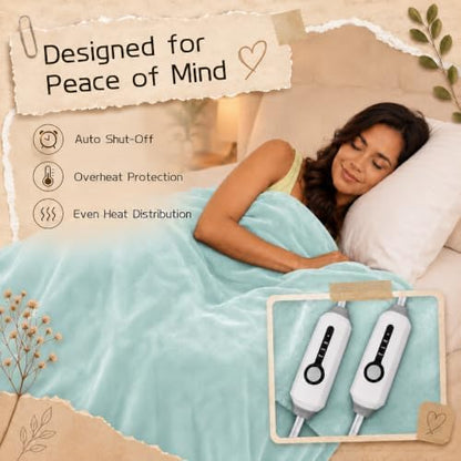 Electric Heated Blanket King Size 90"x100", Dual Controllers, Mint Green