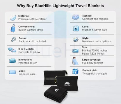 BlueHills Premium Soft Lightweight Travel Blanket Pillow 2 in 1 - Black