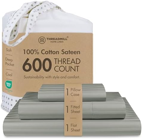 Threadmill 600 Thread Count Cotton Twin Sheet Set, Sateen, Damask, Grey
