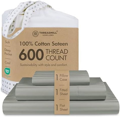 Threadmill 600 Thread Count Cotton Twin Sheet Set, Sateen, Damask, Grey