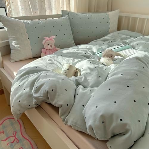 VM VOUGEMARKET White Lace Duvet Cover Set Queen Cute Dots Bedding Set,Soft Microfiber Princess Style Duvet Cover with Zipper Closure,Romantic &Elegant-Sage Green,90"x90"