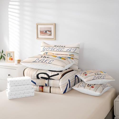 Erosebridal Lake Camping Comforter Set Twin Size,Oil Art Boat Paddle Bedding Set for Kids Teens,Wooden Plank (Comforter+Fitted+Flat Sheet+2 Pillowcases+2 Throw Pillow Covers) 7 Pieces Bed Set