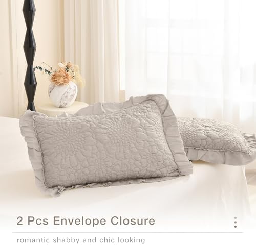 Masaca Oversized King Bedspread 128x120,Linen Colored Ruffled Shabby Boho Chic Quilt Set 3Pcs Soft Lightweight Farmhouse Crinkled Extra Large King Quilt Coverlet Bedding Set